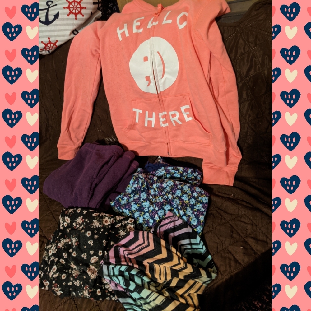 Girls 10/12 new hoodie 6 pair pants 1 new